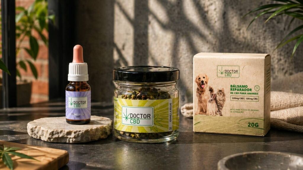 cbd barato portugal representado com óleo, flores e produto cbd em ambiente moderno e natural