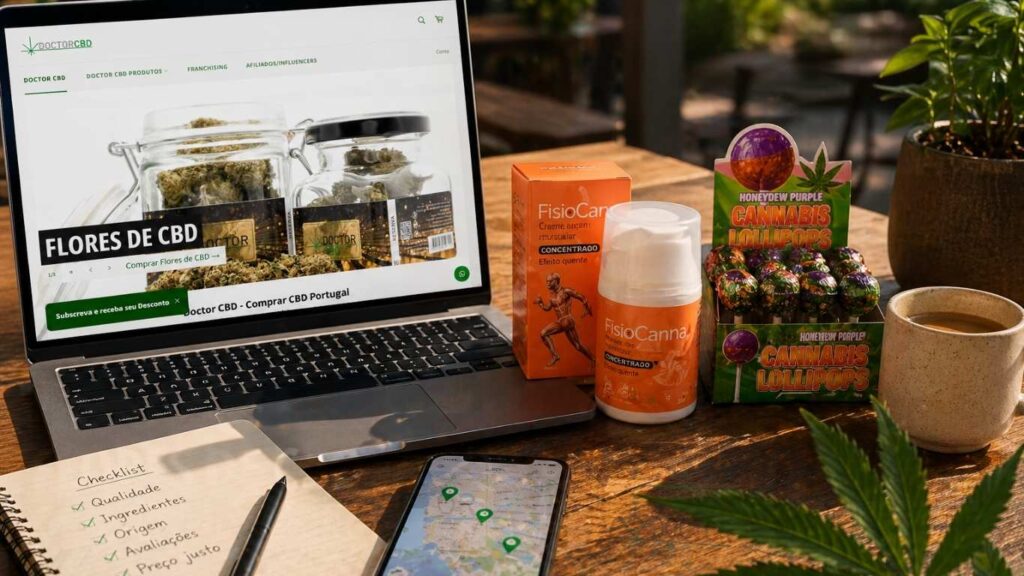 cbd barato portugal representado com pesquisa online em portátil e produtos cbd em ambiente moderno