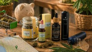 cbd barato portugal representado com vários produtos cbd e elementos de poupança e escolha consciente