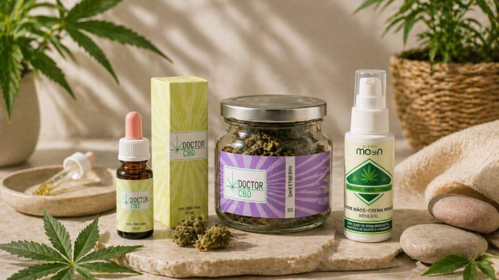 cbd qualidade premium com vários produtos cbd em ambiente spa com elementos naturais