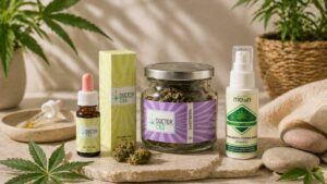 cbd qualidade premium com vários produtos cbd em ambiente spa com elementos naturais