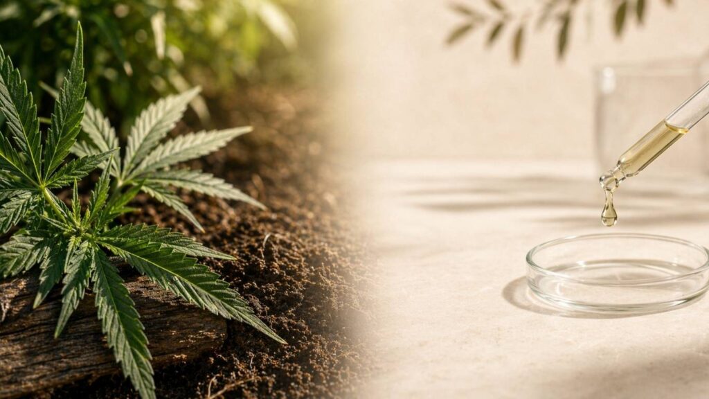 cbd full spectrum vs broad spectrum representado por planta de canhamo e extracao em laboratorio