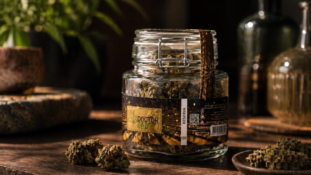 cbd full spectrum vs broad spectrum com flores cbd em frasco num ambiente premium escuro
