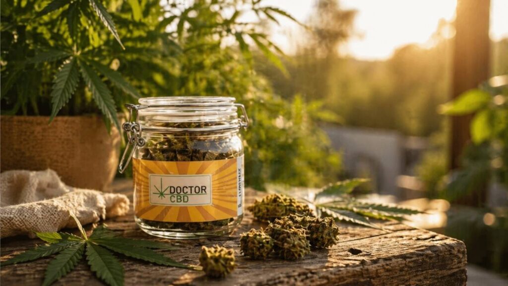frasco de flores cbd portugal em ambiente natural com luz solar e plantas