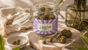 frasco de flores cbd portugal com elementos naturais e fundo iluminado