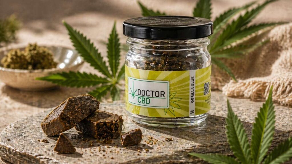 Haxixe CBD Portugal com pedaços de haxixe detalhados ao lado de frasco Doctor CBD em ambiente natural