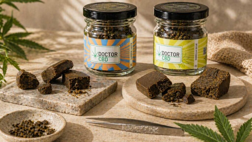 Haxixe CBD Portugal com dois frascos Doctor CBD e diferentes variedades lado a lado com pedaços do produto