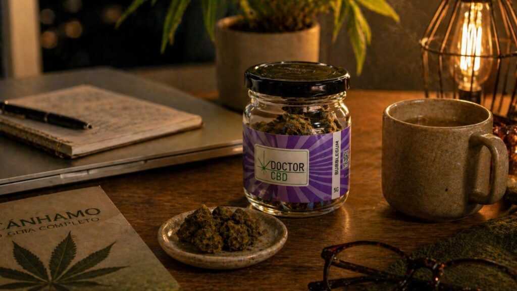 Haxixe CBD Portugal em frasco Doctor CBD num ambiente acolhedor com chá, livro e iluminação quente