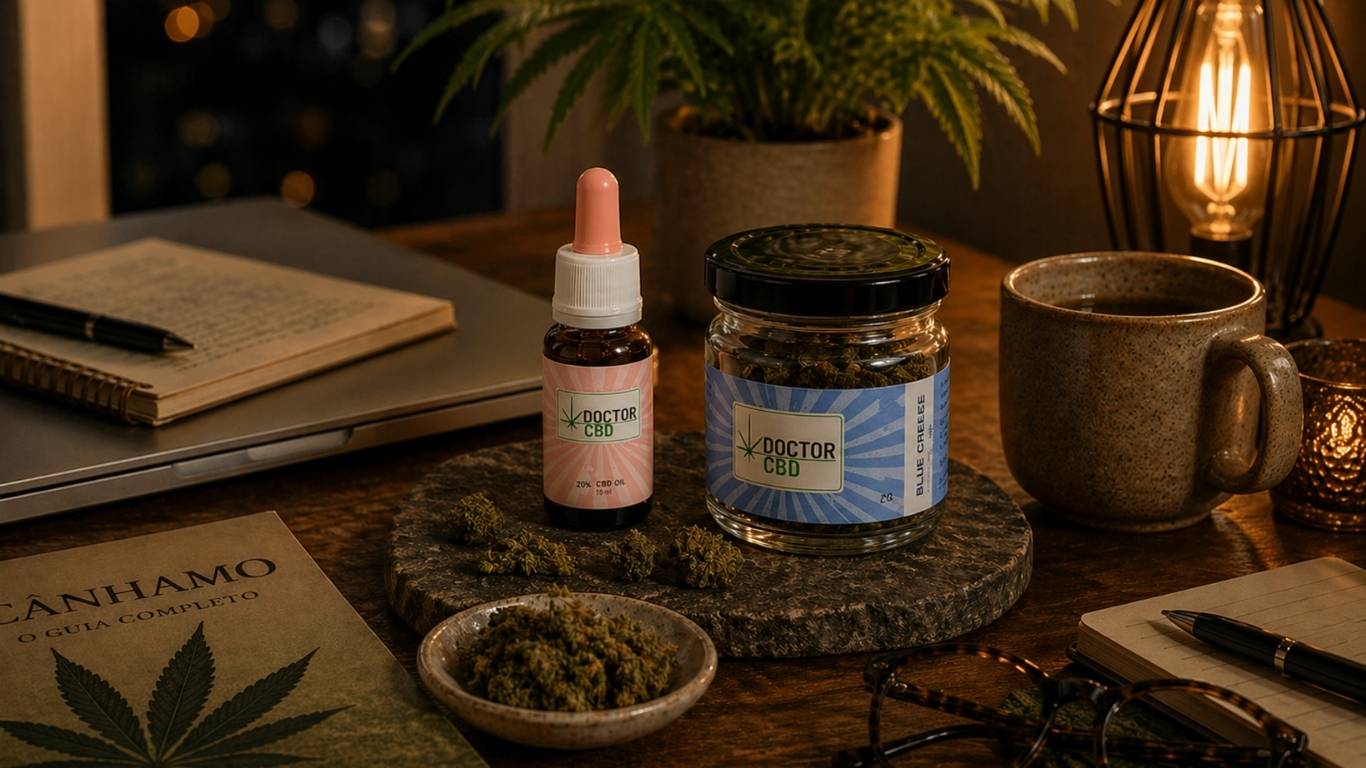 Haxixe CBD Portugal com frasco Doctor CBD e óleo CBD numa mesa com elementos naturais e ambiente acolhedor