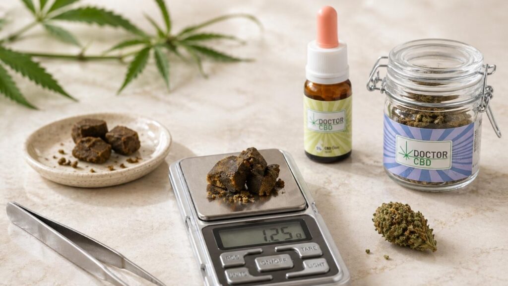 resina CBD numa balança digital com óleo CBD e flores ao lado