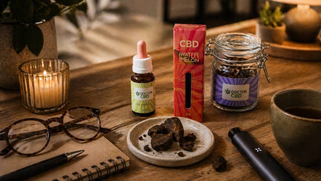 resina CBD com óleo vaporizador e flores num ambiente acolhedor