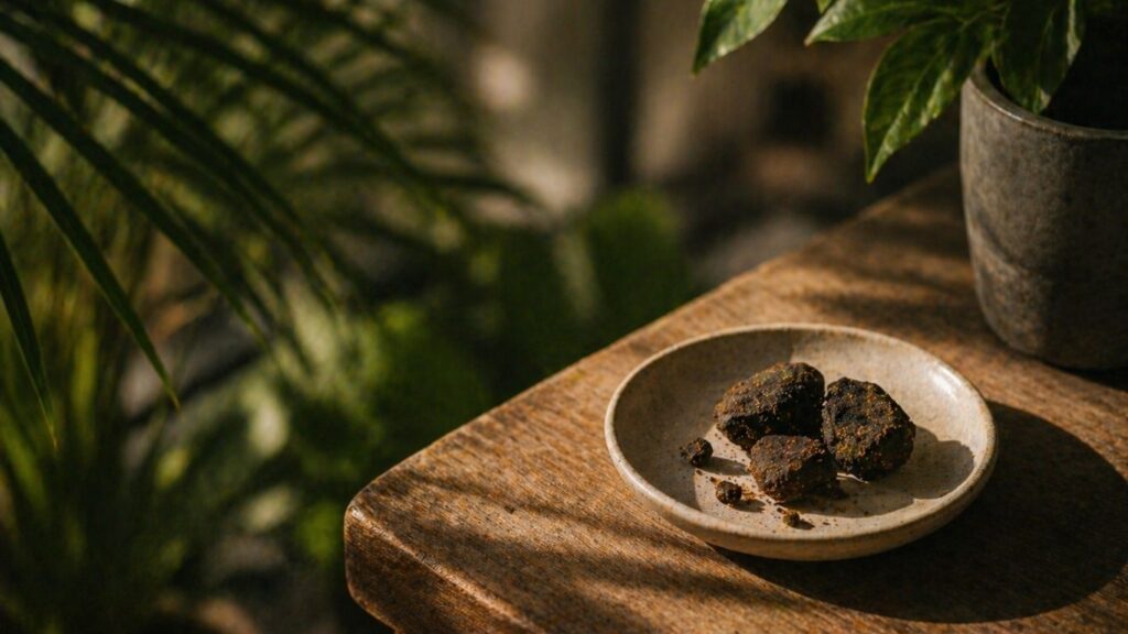 resina CBD num prato sobre mesa de madeira com plantas ao fundo