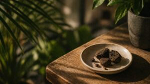 resina CBD num prato sobre mesa de madeira com plantas ao fundo
