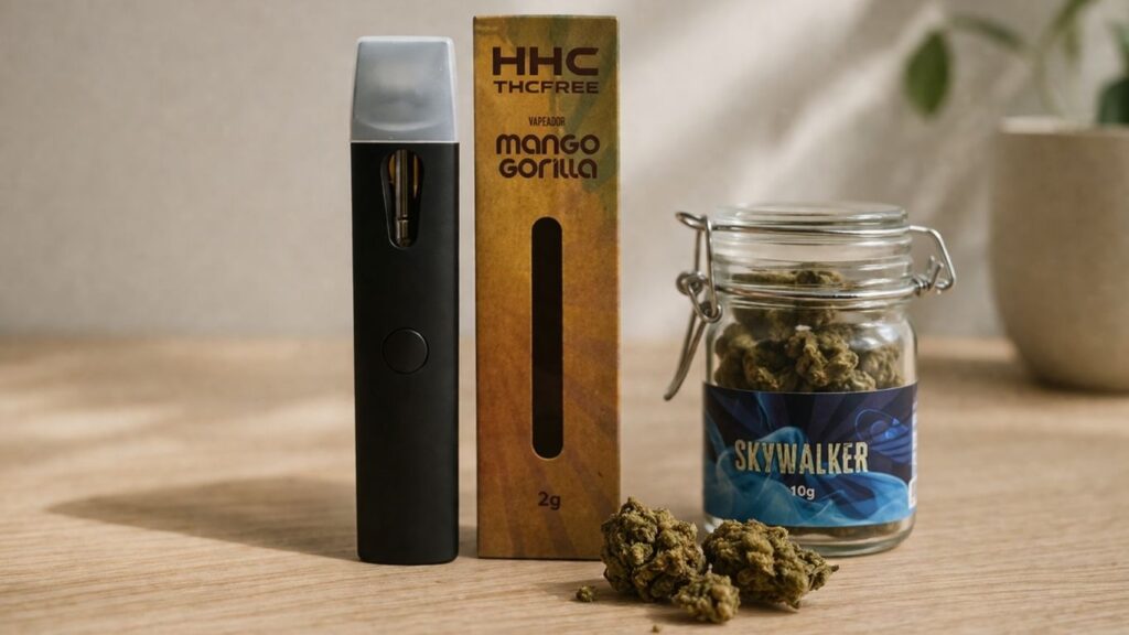 Vaporizador CBD com embalagem e frasco de flores CBD sobre mesa clara