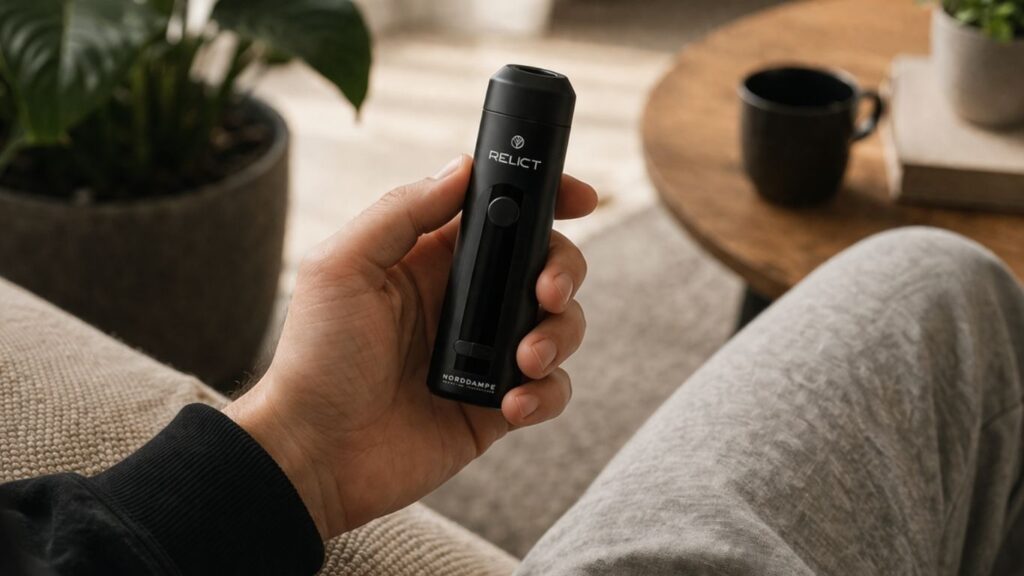 Pessoa a segurar vaporizador CBD em ambiente confortável e moderno