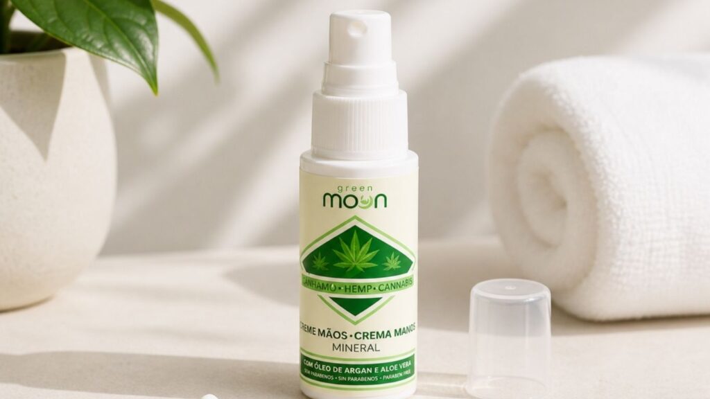 Frasco de creme CBD em fundo claro com elementos naturais