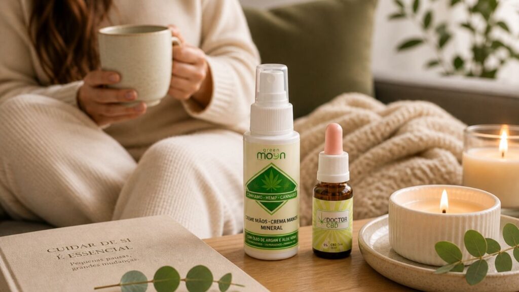 Creme CBD em ambiente acolhedor com vela e elementos de bem-estar