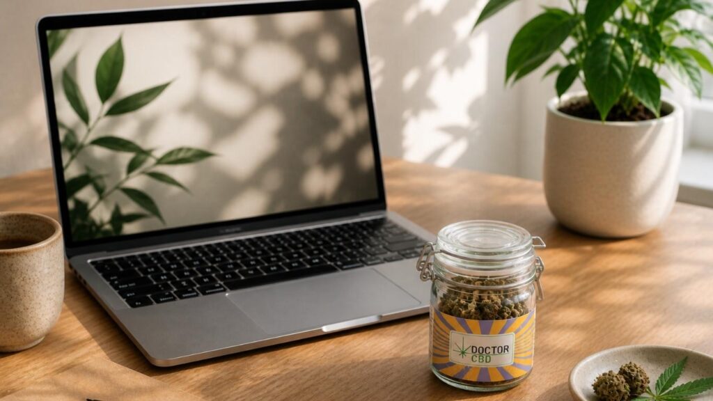 Frasco com flores CBD ao lado de portátil em ambiente minimalista