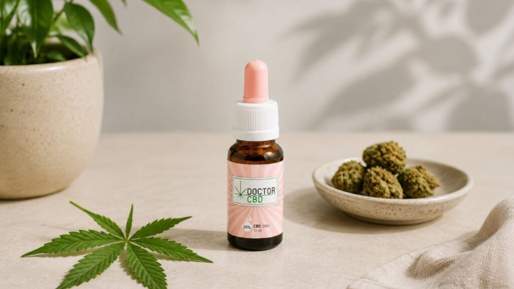 Óleo CBD com folha de cânhamo e flores CBD em fundo neutro