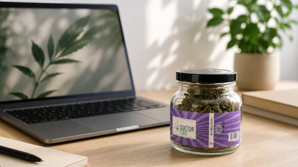 Frasco de flores CBD ao lado de portátil e bloco de notas, ideal para quem quer comprar CBD Portugal.