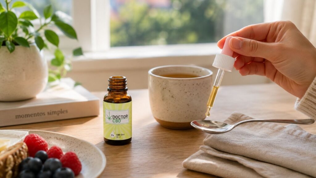 Óleo CBD Portugal: Guia Completo Para Escolher O Melhor 1 Frasco de óleo CBD Doctor CBD numa mesa com chá, fruta e uma pipeta a dosear óleo numa colher.