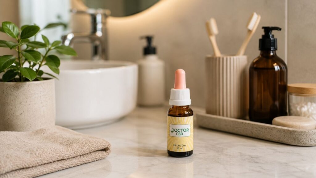 Óleo CBD Portugal: Guia Completo Para Escolher O Melhor 2 Frasco de óleo CBD Doctor CBD sobre bancada de mármore numa casa de banho com toalha, planta e acessórios de cuidado pessoal.