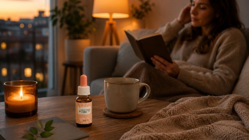 Óleo CBD Portugal: Guia Completo Para Escolher O Melhor 3 Frasco de óleo CBD Doctor CBD sobre mesa de apoio, junto a uma vela, chá e uma mulher a ler no sofá ao final do dia.