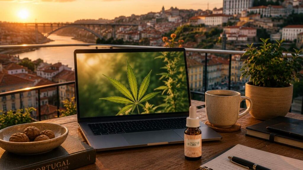 Frasco de óleo CBD Doctor CBD numa varanda com vista para o Porto, ao lado de um portátil com imagem de folha de canábis.