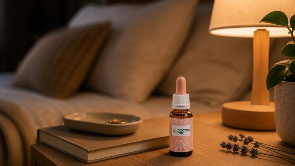 Frasco de óleo CBD para ansiedade Doctor CBD sobre mesa de cabeceira, com luz quente, lavanda, livro e ambiente acolhedor.