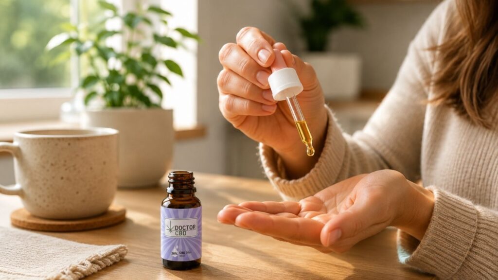 Pessoa a dosear óleo CBD Doctor CBD 30% com uma pipeta sobre a mão, junto a uma chávena e luz natural.