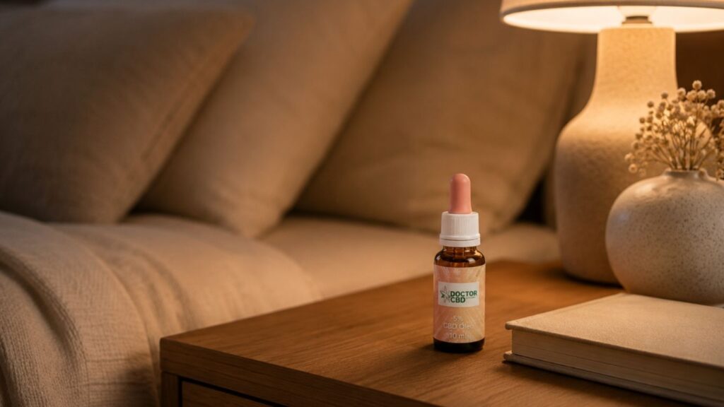 Frasco de óleo CBD Doctor CBD sobre mesa de cabeceira, junto a um livro, candeeiro e ambiente de quarto acolhedor.