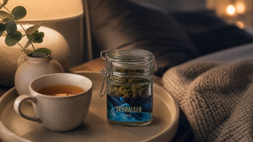 Frasco de flores CBD para dormir Skywalker sobre tabuleiro, junto a uma chávena de chá, candeeiro e manta numa zona de descanso.