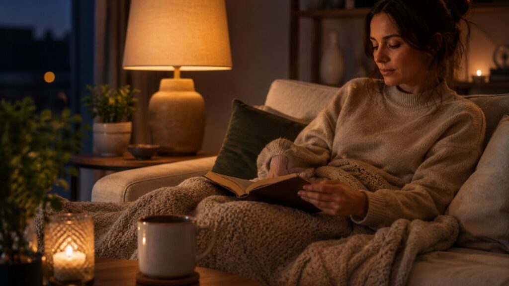 Mulher sentada no sofá a ler um livro, com uma manta, chá, vela e iluminação quente ao final do dia.