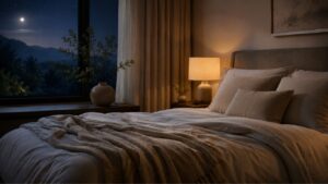 Quarto acolhedor à noite, com cama feita, luz suave, janela com vista para a lua e ambiente sereno.