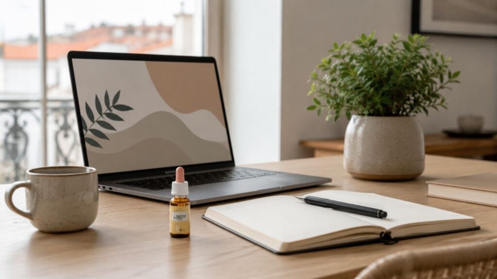 Frasco de óleo CBD é legal em Portugal Doctor CBD sobre secretária com portátil, chávena, caderno e planta num ambiente luminoso.