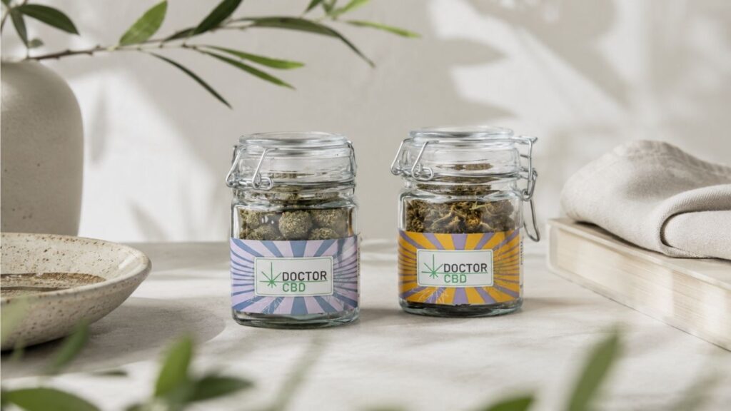 Dois frascos de flores CBD Doctor CBD sobre superfície clara, com decoração minimalista e luz natural.