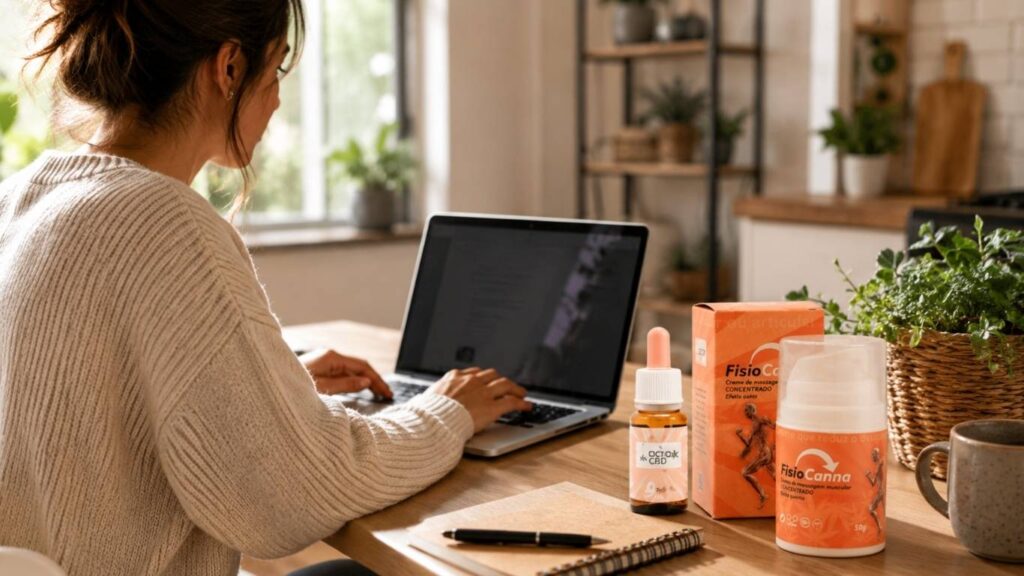 Pessoa a trabalhar ao computador junto a óleo CBD Doctor CBD e creme FisioCanna sobre uma mesa de madeira.
