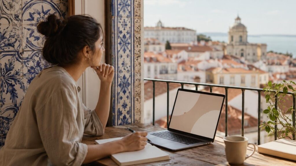 Mulher junto a uma janela com azulejos portugueses, portátil e caderno, com vista para Lisboa.