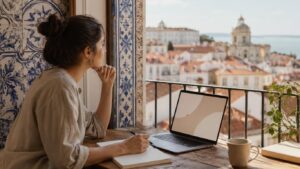 Mulher junto a uma janela com azulejos portugueses, portátil e caderno, com vista para Lisboa.