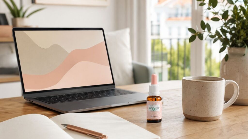 Melhor CBD Portugal: Como Escolher Com Confiança 1 Frasco de óleo melhor CBD Portugal sobre secretária com portátil, caderno, chávena e planta num ambiente luminoso.