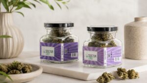 Dois frascos de flores CBD Portugal Doctor CBD sobre uma superfície clara, com decoração natural e algumas flores CBD em primeiro plano.