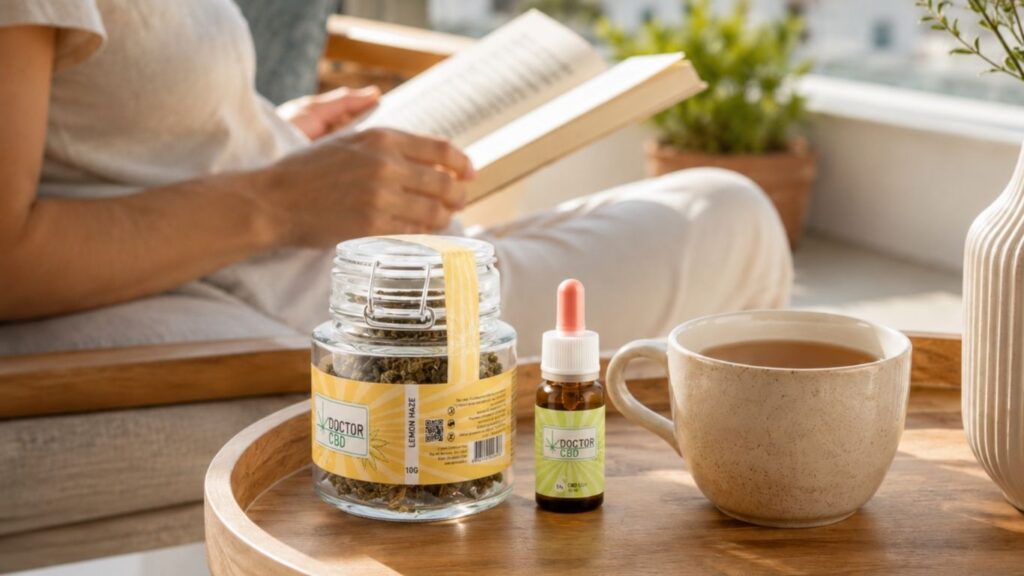 Frasco de flores CBD Doctor CBD, frasco de óleo CBD e chávena sobre uma mesa, junto a uma pessoa a ler num ambiente luminoso.