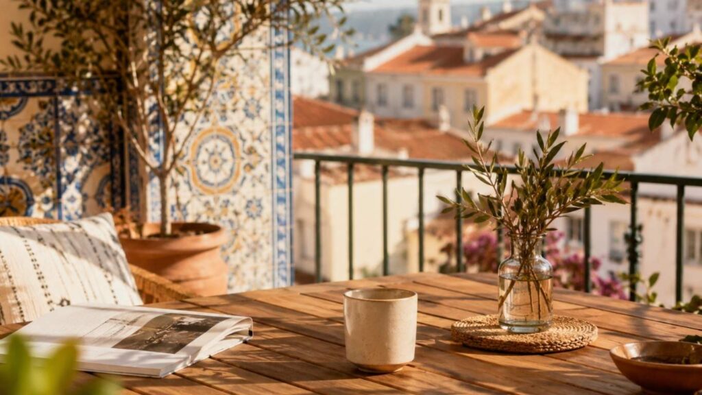 Varanda com mesa de madeira, chávena, revista, plantas e vista urbana com azulejos portugueses ao fundo.