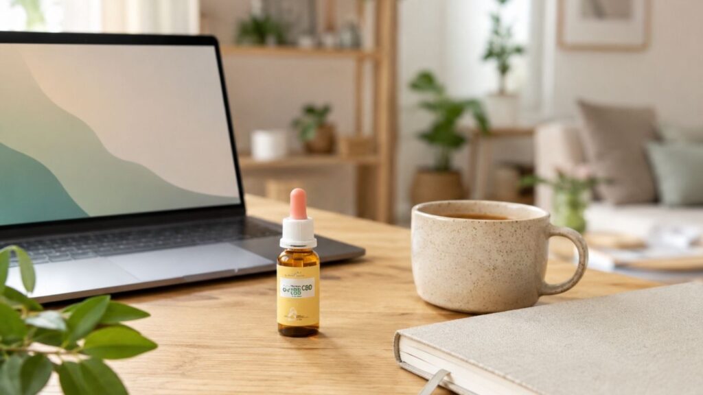 Frasco de óleo CBD para stress sobre uma secretária de madeira, ao lado de um portátil, chávena e caderno, num ambiente calmo e luminoso.