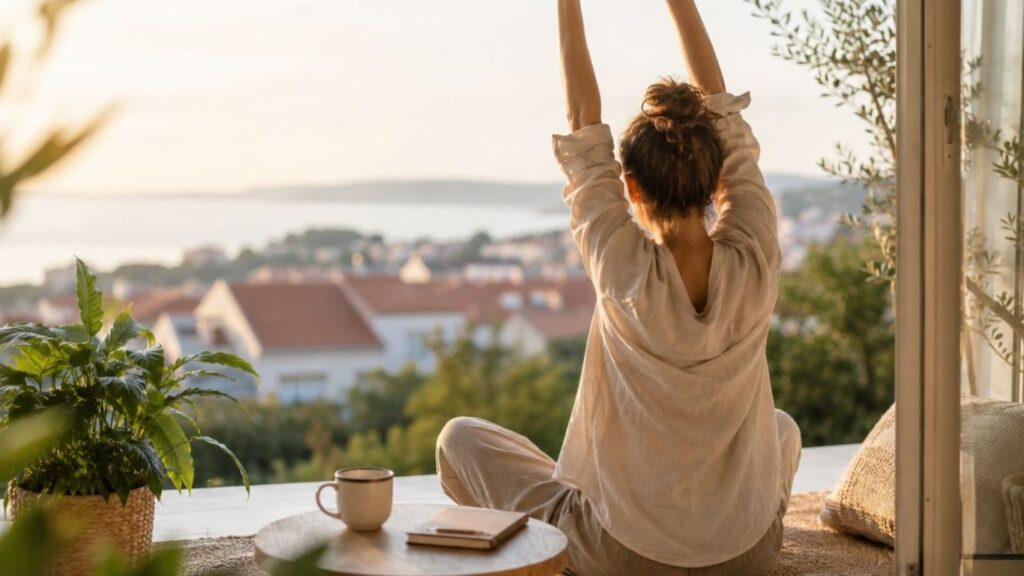 Mulher sentada junto a uma janela com vista ampla, a alongar os braços ao início do dia, com chávena e caderno sobre uma mesa baixa.