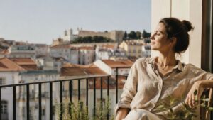 Mulher sentada numa varanda com vista sobre Lisboa, a relaxar ao sol, com uma chávena sobre a mesa e plantas ao redor.