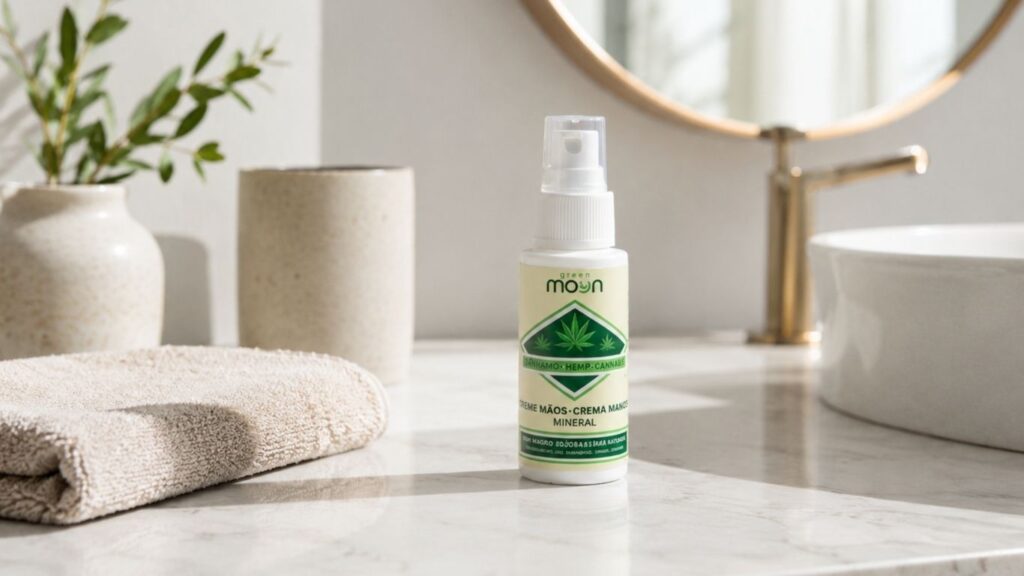 Frasco de creme de mãos Green Moon sobre bancada de mármore numa casa de banho, com toalha, planta, espelho e lavatório.