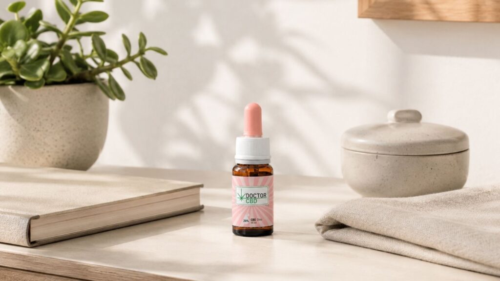 Frasco de óleo CBD Doctor CBD 20% sobre uma superfície clara, com planta, livro e tecido num ambiente minimalista e luminoso.