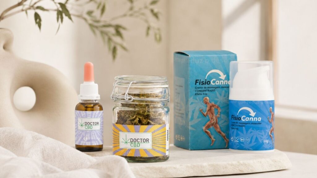 Benefícios do CBD Frasco de óleo CBD Doctor CBD, flores CBD Doctor CBD e creme FisioCanna dispostos sobre uma superfície clara com decoração suave.