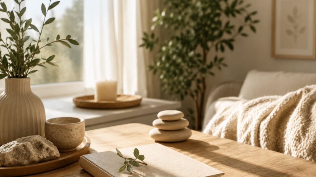 Mesa de madeira com livro, chávena, pedras decorativas e vaso com ramos, num espaço acolhedor com cama ao fundo e luz natural.